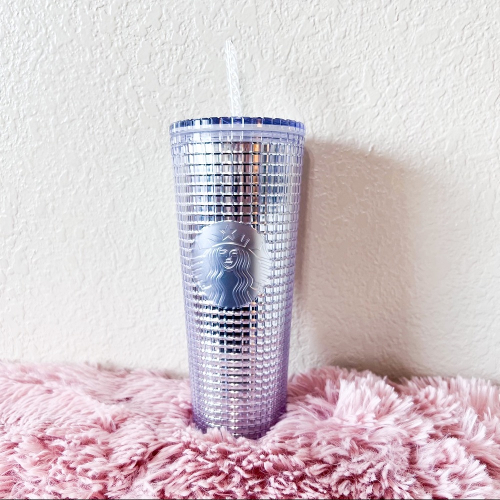 Silver grid cup studded Starbucks tumbler